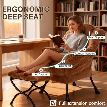 Welnow Lazy Chair with Ottoman, Modern Accent Chair with Armrests and a Side Pocket, Leisure Sofa Armchair, Reading Armchair with Footrest for Small Space, Plush Brown