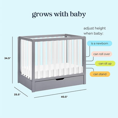 Carter's by DaVinci Colby 4-in-1 Convertible Mini Crib with Trundle Drawer in Grey and White, Greenguard Gold Certified, Undercrib Storage