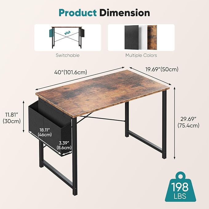 OLIXIS Small Computer Desk, 40 Inch Home Office Desks, Writing Study Craft Work Gaming Table, Computer Workstation for Bedroom Small Spaces with Storage Bag, Rustic Brown