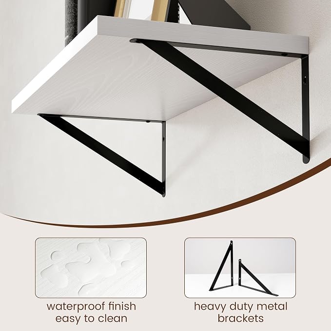 Axeman Floating Shelves for Wall White - 24 Inch Wide x 12 Inch Deep Wall Shelves Set of 2 - White Deep Wood Floating Shelves for Living Room Bedroom Laundry Room