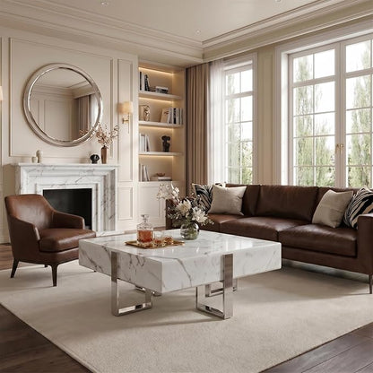 White Faux Marble Coffee End Table Set, 2-Piece Modern Silver Nesting Coffee Table, Square Center Table with Mirrored Chrome Legs for Living Room Apartment