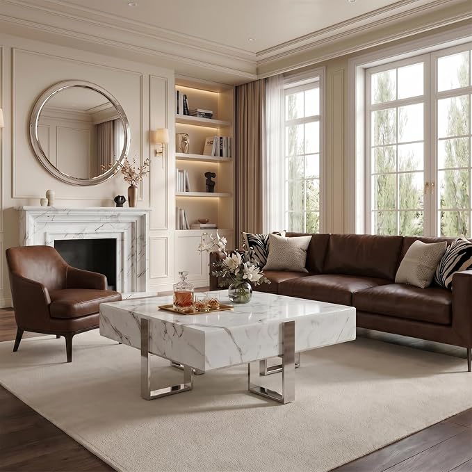White and Silver Coffee Table, Modern Square Center Table with Faux Marble Tabletop and Mirrored Chrome Legs for Living Room Apartment Office