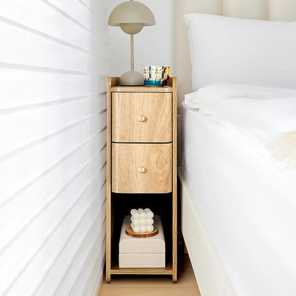 Small Nightstand Set of 2, Wood 2 Drawer Narrow Nightstand, Slim Side Table, Modern Skinny End Bedside Table, Natural Wood Night Stand with Drawers for Bedroom (Natural-2 pcs)