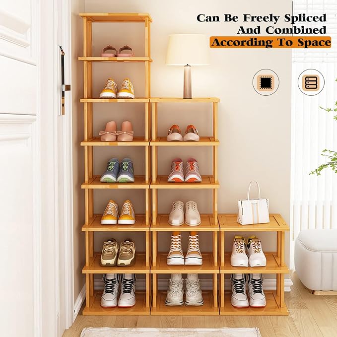 Bamboo Shoe Rack 12 Tier- Vertical Shoe Rack for Small Spaces, Tall Narrow Shoe Rack Organizer for Closet Entryway Corner Garage and Bedroom,Skinny Shoe Shelf with Free Stackable DIY