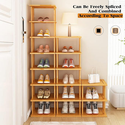 Bamboo Shoe Rack 12 Tier- Vertical Shoe Rack for Small Spaces, Tall Narrow Shoe Rack Organizer for Closet Entryway Corner Garage and Bedroom,Skinny Shoe Shelf with Free Stackable DIY