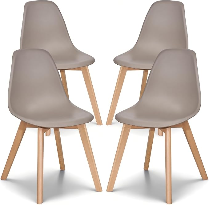 VECELO Dining Chairs Set of 4, Mid-Century Modern Kitchen & Dining Room Chairs, Molded Plastic Seat & Back, Solid Wood Legs, Armless, Non-Slip Feet, Grey