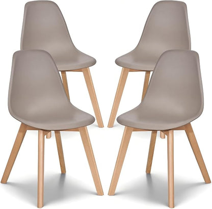 VECELO Dining Chairs Set of 4, Mid-Century Modern Kitchen & Dining Room Chairs, Molded Plastic Seat & Back, Solid Wood Legs, Armless, Non-Slip Feet, Grey