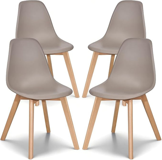 VECELO Dining Chairs Set of 4, Mid-Century Modern Kitchen & Dining Room Chairs, Molded Plastic Seat & Back, Solid Wood Legs, Armless, Non-Slip Feet, Grey
