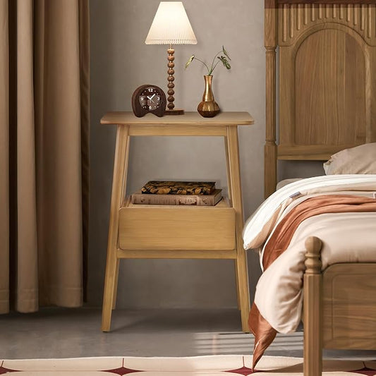 JIKUGO Nightstand Mid Century Modern and Drawers Display Cabinet for Bedroom Bamboo Bedside Tables 21.9x15.8x14.2in Night Stands Bed Side Table Bamboo