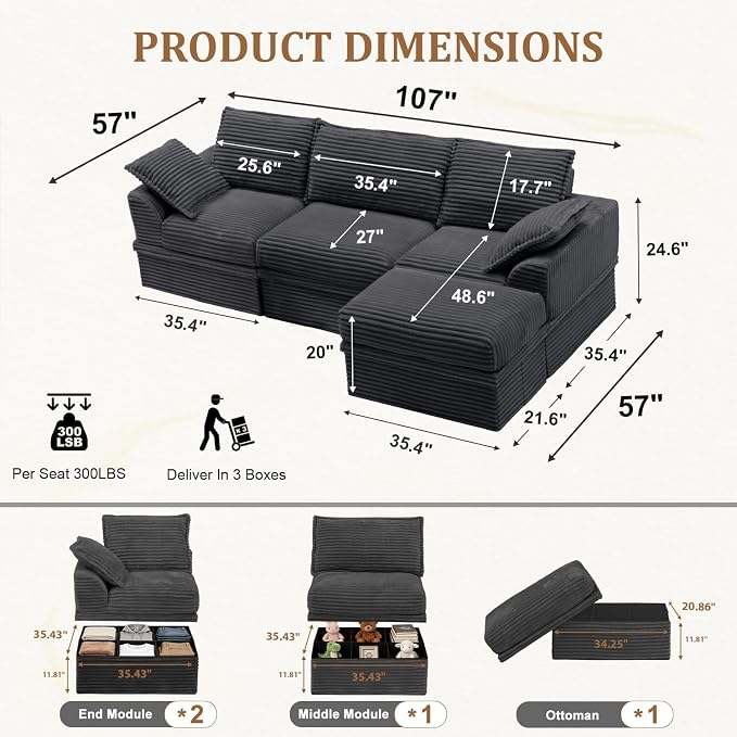 Upgrade Boneless Couch with Storage, Extra Deep&High Seat Modular Sectional Sofa 3 Seater L Shaped Cloud Couch with Ottoman, Tool-Free Assembly Sectional Couches for Living Room, Dark Grey