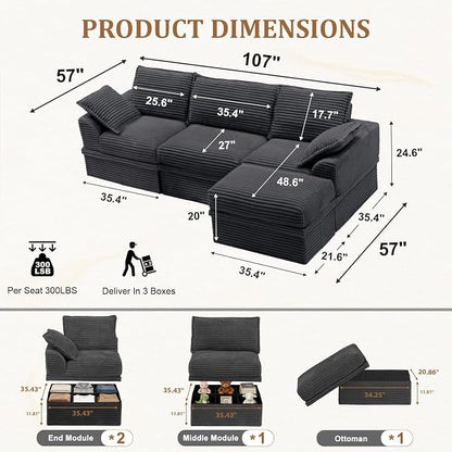Upgrade Boneless Couch with Storage, Extra Deep&High Seat Modular Sectional Sofa 3 Seater L Shaped Cloud Couch with Ottoman, Tool-Free Assembly Sectional Couches for Living Room, Dark Grey