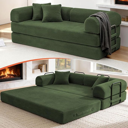 78.8" Memory Foam Boneless Couch, Corduroy Floor Sofa Bed, Convertible Sleeper Futon Loveseat, Wide Armrests & Back Support, Supports Up to 1200 lbs,Forest Green Couch in a Box with 2 Pillows