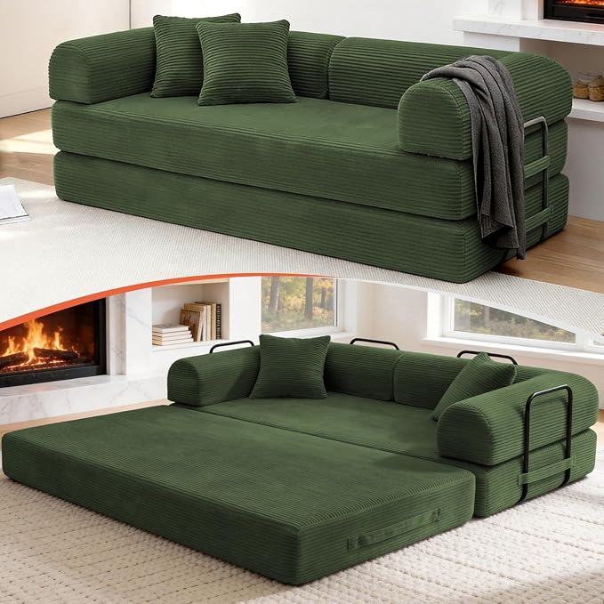 79'' Convertible Sofa Bed, Boneless Couch-in-a-Box, Corduroy Floor Futon Loveseat Sleeper, 26'' Deep Seat, Removable Machine-Wash Covers, No Assembly, 2 Pillows, Forest Green