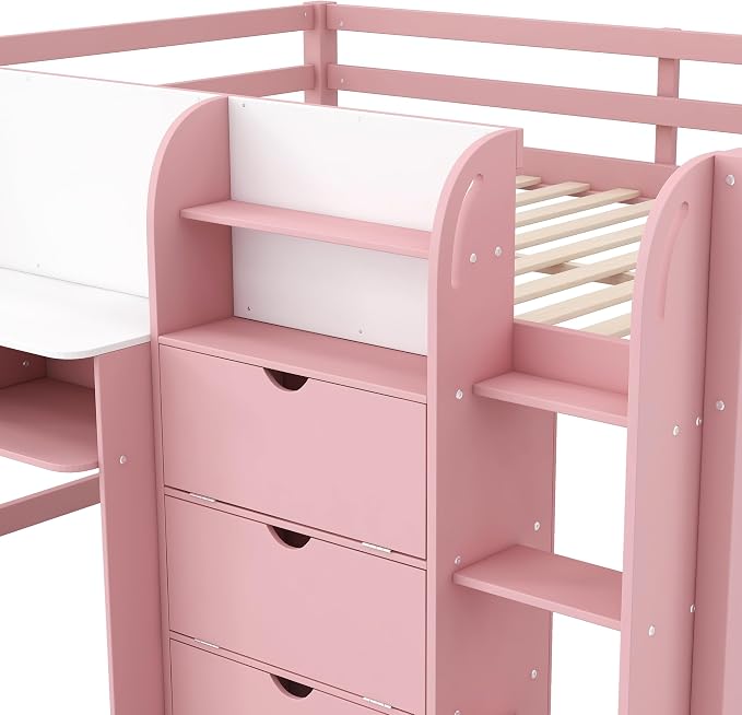 Bellemave Full Size Low loft Bed for Kids,Wood Modern Farmhouse Full Loft Bed with Desk, Storage Cabinets,Bookcase, No Box Spring Needed, Pink