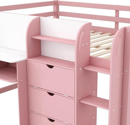 Bellemave Full Size Low loft Bed for Kids,Wood Modern Farmhouse Full Loft Bed with Desk, Storage Cabinets,Bookcase, No Box Spring Needed, Pink