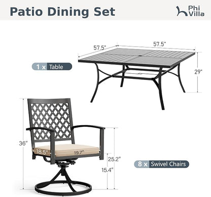 PHI VILLA 9 Pieces Outdoor Dining Set for 8, 57.5" Black Square Metal Table with Umbrella Hole & Swivel Wrought Iron Chairs with Cushions, Large Outside Furniture Set for Patio, Deck, Yard, Porch