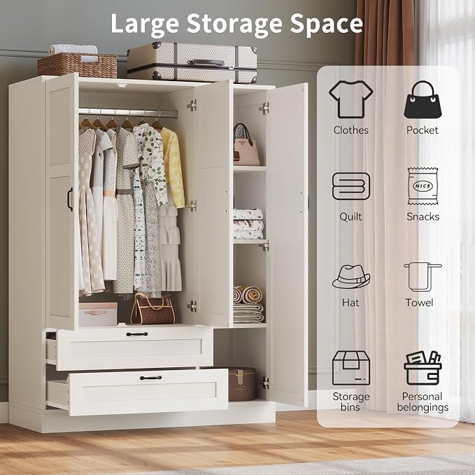 Yanosaku 5-in-1 Armoire Wardrobe Closet with Full Length Acrylic Mirror & 2 Drawers, Tall Narrow Armoire with Adjustable Shelf, Small Space Freestanding Storage Cabinet for Bedroom, White