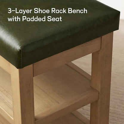 Zihanhome Shoe Rack Bench with Leather Cushion, 2 Tier Solid Wood Storage Bench, Mid-Century Modern Shoe Bench for Entryway, Hallway, Closet, Front Door Entrance, Foyer (Green, 39.4")
