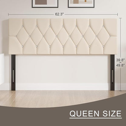 VECELO Tufted Upholstered Headboard Queen Size, with 6 Adjustable Height from 39.8" to 49.8", Button Diamond Design, Easy Assembly, Beige