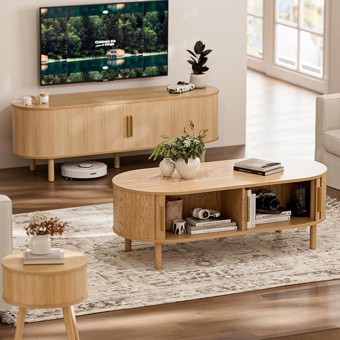ZttRiee Oval Coffee Table with Sliding Doors, Modern, Natural | 47.24"L x 21.65"W x 16.14"H, 200 lbs capacity, 2 front & back storage areas, ~60 min assembly