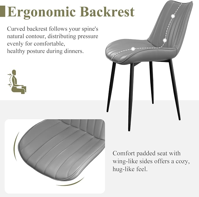 VECELO Dining Chairs Set of 4, Vegan Leather Fabric & Metal Frame, Mordern Style for Kitchen, Living Room,Offcie，Light Grey