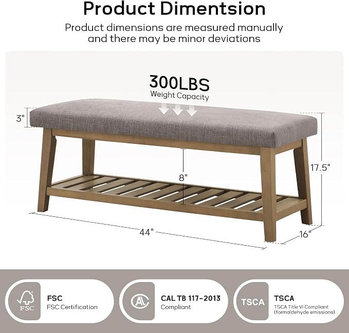 Entryway Bench with Cushion, Upholstered Shoe Rack Bench with Solid Wood Shelf, 44" End of Bed Bench for Bedroom, Chenille Fabric Storage Bench for Entryway, Hallway, Living Room (Grey)