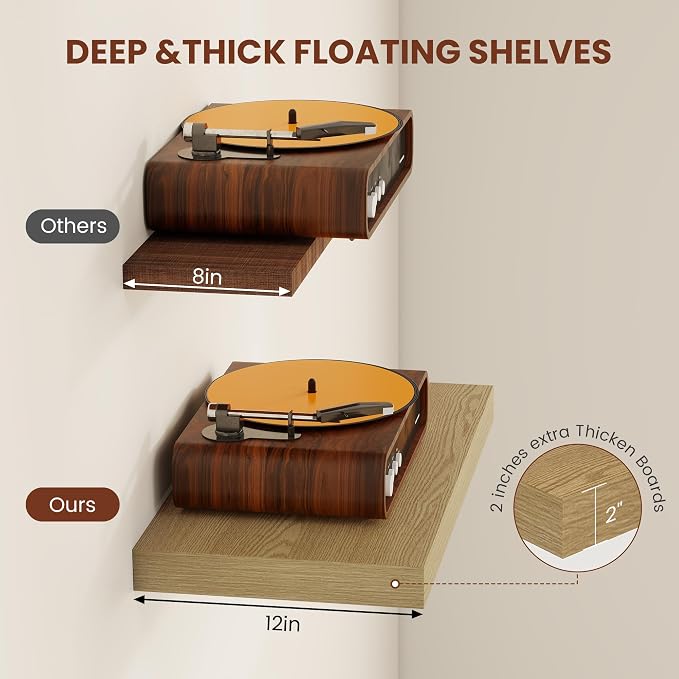 Vivelove 12 Inch Deep Floating Shelves 12 inch Long, 2 Inch Thick Wall Shelves with Invisible Brackets, Shelf for Bedroom Bathroom Living Room Kitchen Office Home Decor, Modern Shelf Set of 2, Oak