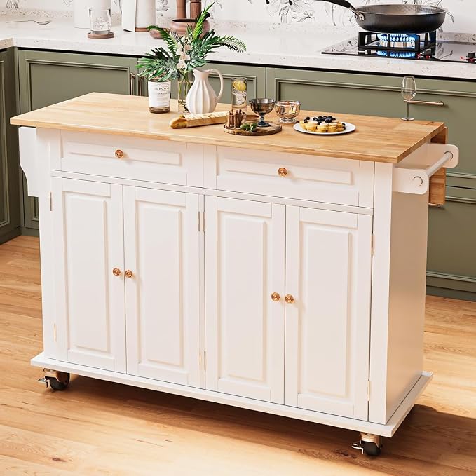 51 Kitchen Island Cart with Drop Leaf Breakfast Bar, Rolling Mobile Kitchen Island Table on Wheels with Storage Cabinet, Drawer, Spice/Towel Rack, White