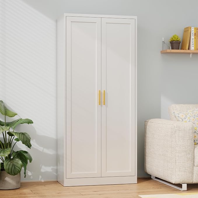 Metal Pantry Cabinet, 71"H x 28"W x 14"D Pantry Cabinets with 2 Doors and 4 Adjustable Shelves, Kitchen Pantry Storage Cabinets, Metal Storage Cabinet for Kitchen, Dining Room, Living Room-White