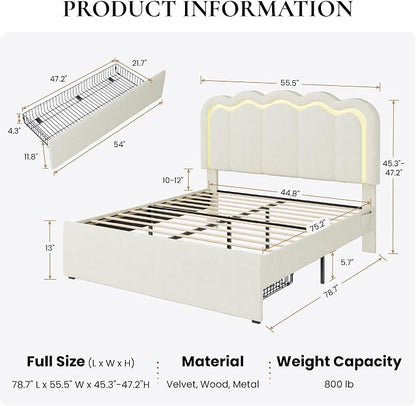 SHA CERLIN Upholstered Full Size Bed Frame with LED Lights and Large Storage Drawer, Velvet Platform Bed with Adjustable Wavy Headboard, Noise Free, Easy Assembly, No Box Spring Needed, Soft Cream