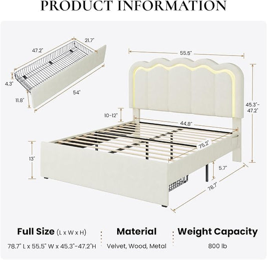 SHA CERLIN Upholstered Full Size Bed Frame with LED Lights and Large Storage Drawer, Velvet Platform Bed with Adjustable Wavy Headboard, Noise Free, Easy Assembly, No Box Spring Needed, Soft Cream