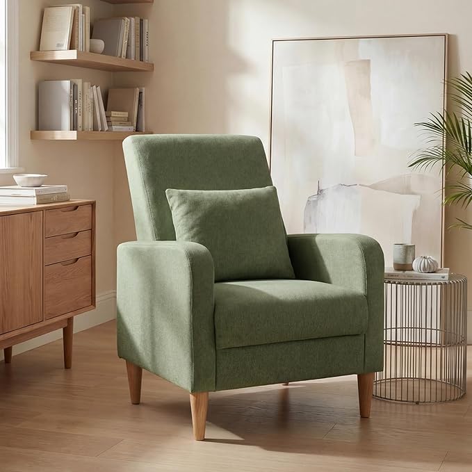 COLAMY Mid-Century Modern Accent Chair, Fabric Upholstered Living Room Chair with Back Pillow & Solid Wood Legs, Comfy Armchair for Living Room, Bedroom, Single Sofa, Green
