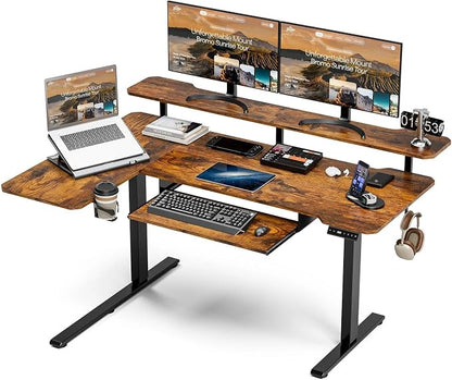 Acrolix 59 Inch L Shaped Standing Desk with Shelves and Keyboard, Electric Corner Standing Desk Adjustable Height, Sit Stand Computer Table with Reversiable Splice Board，Rustic Brown