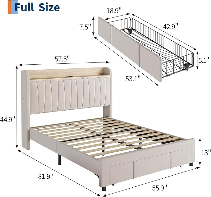 Garvee Upholstered Bed Frame Queen Size with Storage Headboard and Charging Station, Platform Bed Frame with Drawers, Heavy Duty, No Box Spring Needed, Easy Assembly, Beige