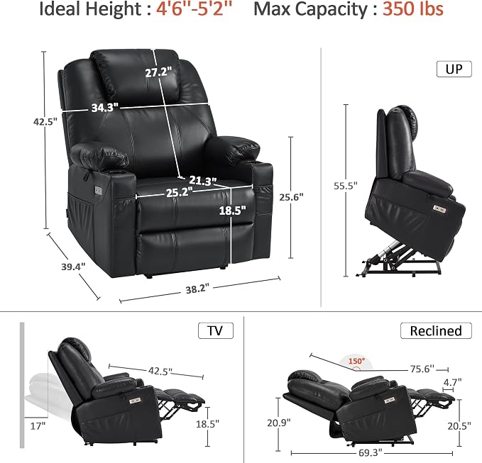MCombo Power Lift Recliner Chair for Elderly R7042(Black, Small-Wide) | Heat and Massage, Breathable Faux Leather, USB& Type C Charging Port, FSC Certified