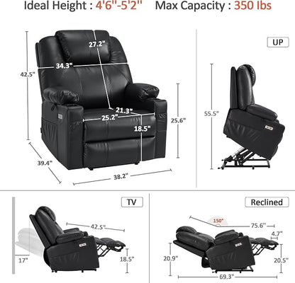 MCombo Power Lift Recliner Chair for Elderly R7042(Black, Small-Wide) | Heat and Massage, Breathable Faux Leather, USB& Type C Charging Port, FSC Certified