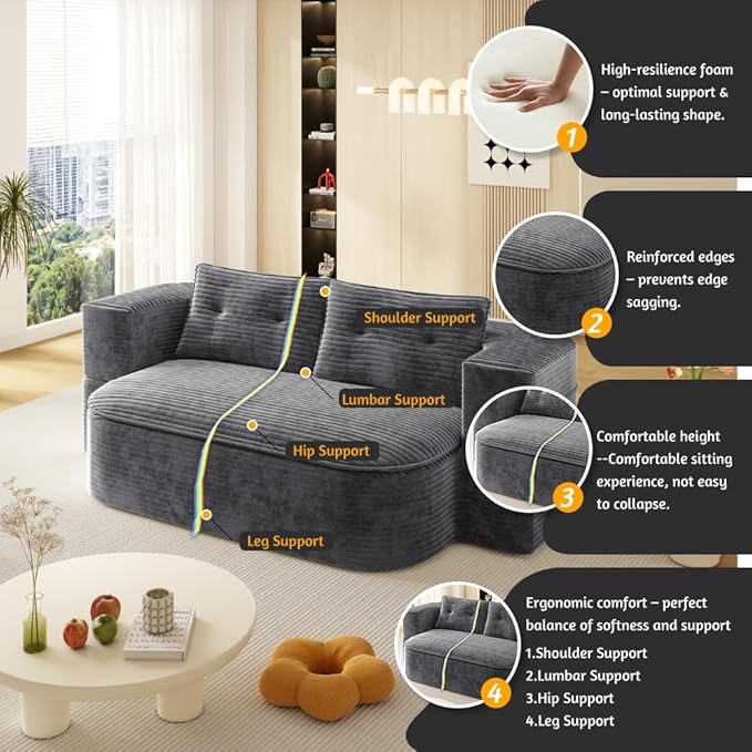 78.7" Futon Sofa Bed, 2-in-1 Foldable Sleeper Sofa, Convertible Sofa Bed with Pillows, Corduroy Couch with Multi Functional Blanket Upholstered Boneless Couches for Living Room, Dark Gray