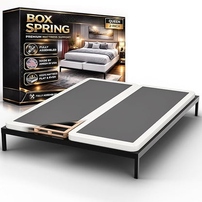 Box Spring Bed Base Queen Size, 2-Inch Wood Mattress Foundation - Amish Made in USA – Quiet Noise Free, Under Mattress-Support BoxSpring, Fully Assembled, White