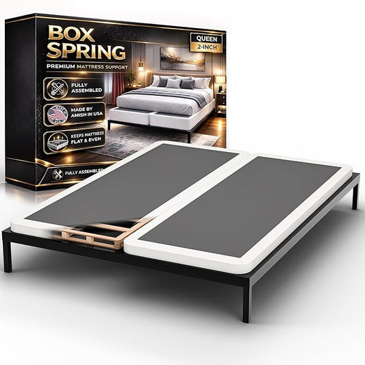 Box Spring Bed Base Queen Size, 2-Inch Wood Mattress Foundation - Amish Made in USA – Quiet Noise Free, Under Mattress-Support BoxSpring, Fully Assembled, White