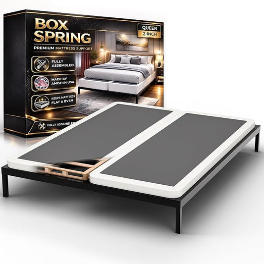 Nutan, Box Spring Bed Base Queen Size, 2-Inch Wood Mattress Foundation - Amish Made in USA – Quiet Noise Free, 2-Pieces Under Mattress-Support BoxSpring, Fully Assembled, White