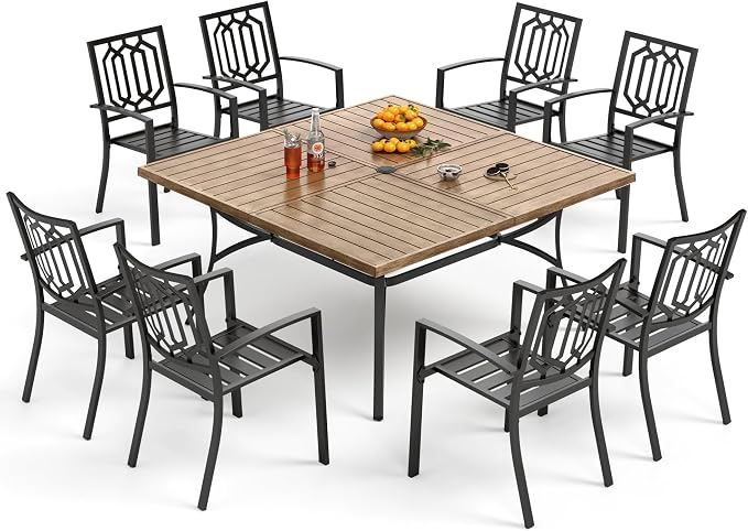 PHI VILLA 9 Pieces Outdoor Dining Set for 8, 57.5" Brown Square Iron Table with Umbrella Hole & Stackable Black Metal Steel Chairs, Large Outside Furniture Set for Patio, Deck, Yard, Porch