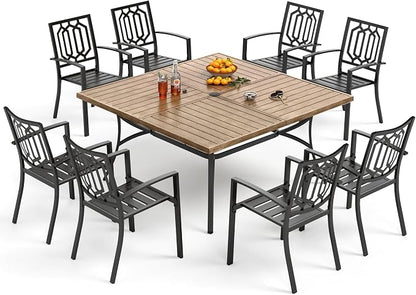 PHI VILLA 9 Pieces Outdoor Dining Set for 8, 57.5" Brown Square Iron Table with Umbrella Hole & Stackable Black Metal Steel Chairs, Large Outside Furniture Set for Patio, Deck, Yard, Porch