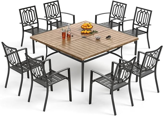 PHI VILLA 9 Pieces Outdoor Dining Set for 8, 57.5" Brown Square Iron Table with Umbrella Hole & Stackable Black Metal Steel Chairs, Large Outside Furniture Set for Patio, Deck, Yard, Porch