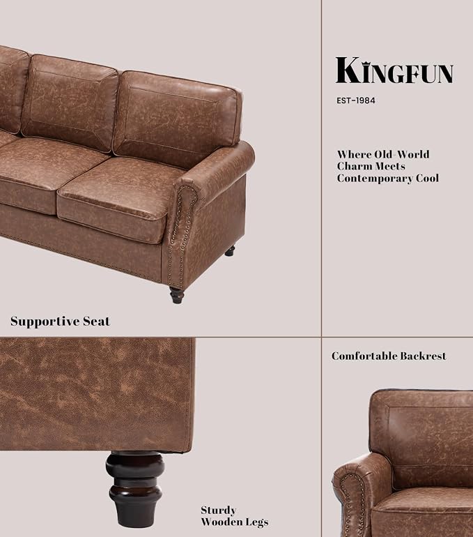 Kingfun Mid-Century Modern Couch, Faux Leather Sofa Set, 3 Seater Couch for Living Room with Rolled arms & Nailhead Trim, Dark Brown