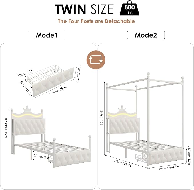 Keyluv Twin Size Upholstered LED Canopy Bed Frame with Charging Station and Drawer, Button Tufted Crown Headboard with Storage Shelf, Two-Purpose Removable Four Poster Design Platform Bed, Beige