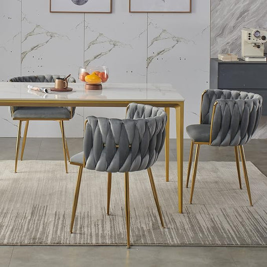 Velvet Dining Chairs Set of 2, Modern Upholstered Dining Room Chairs with Golden Metal Legs and Woven Backrest for Dining Room, Kitchen, Vanity, Living Room (Grey)