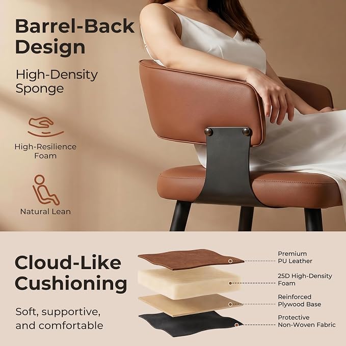 Dining Chairs Set of 2, Modern Upholstered Faux Leather Kitchen Chairs with Curved Back, Easy to Assemble & Clean for Dining Room, Restaurant, Cafe, Brown