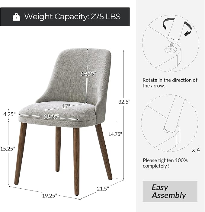 Upholstered Dining Chairs Set of 4, Fabric Dining Room Chairs with Curved Backrest, Solid Wood Legs, Modern Kitchen Chairs for Dining Room Living Room, Grey
