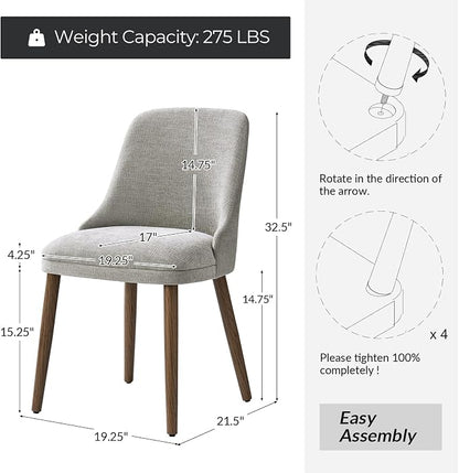 Upholstered Dining Chairs Set of 4, Fabric Dining Room Chairs with Curved Backrest, Solid Wood Legs, Modern Kitchen Chairs for Dining Room Living Room, Grey
