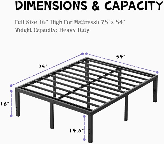 Furnitui 16 Inch High Metal Full Size Bed Frame, Platform Bed Frame Full Size No Box Spring Needed, Easy Assembly, Noise Free, Sturdy, Black